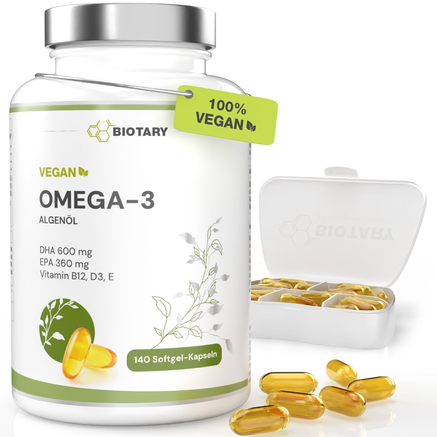 Omega 3 Algenöl 140 vegane Softgel Kapseln 2000 mg pro Tagesportion mit 600 mg DHA und 360 mg EPA plus Vitamin E D3 B12 inklusive Pillendose 70 Tage Vorrat geprüfte Qualität