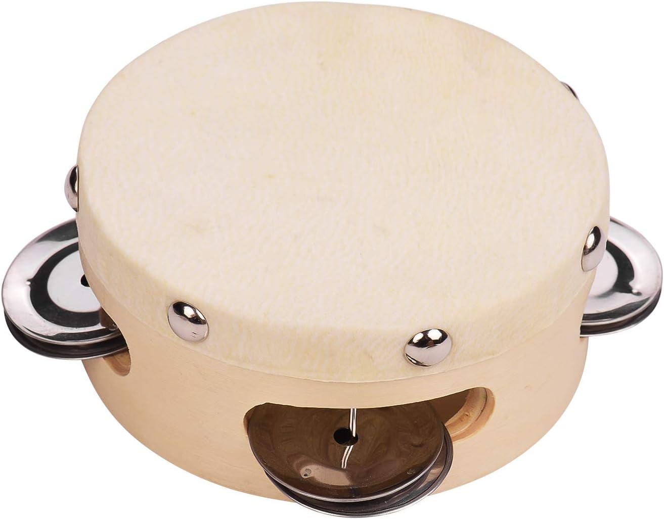 TidyardTamborines, 4 Inch Hand Tambourine with Metal Single Row Jingles Sheepskin Drum Skin Wooden Tambourines Entertainment Musical Timbrel for Adults Kids Dancine Singing Party