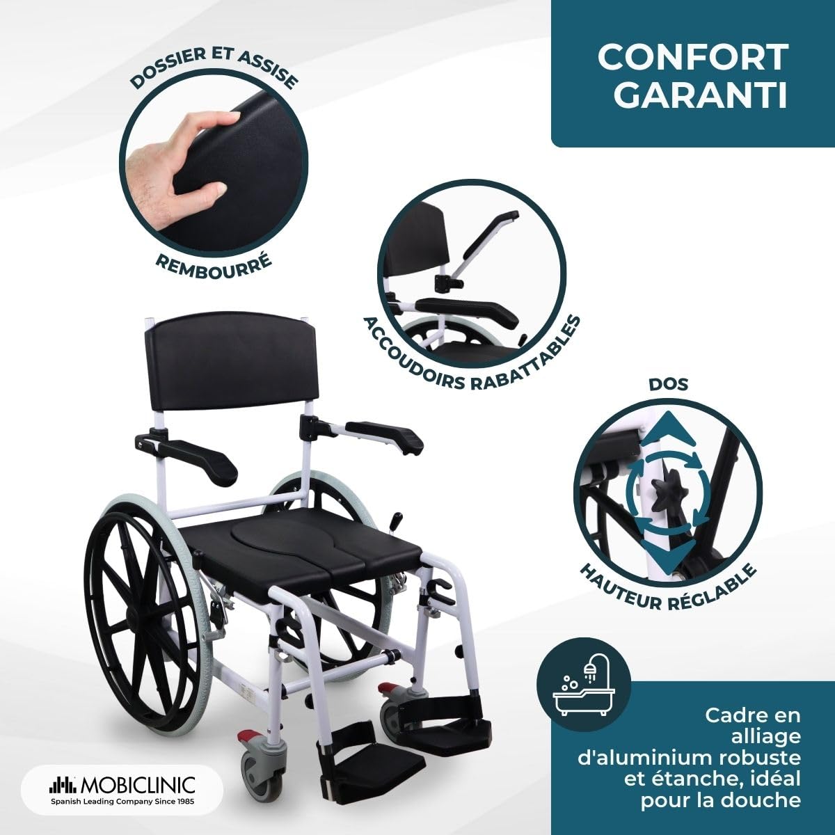 Mobiclinic®, Chaise de Bain et de Douche à Roulettes, Toilette Portable, Avec Cuvette Amovible, Automotrice, Réglable en Hauteur, Repose-pieds et Accoudoirs Rabattables, Caligula