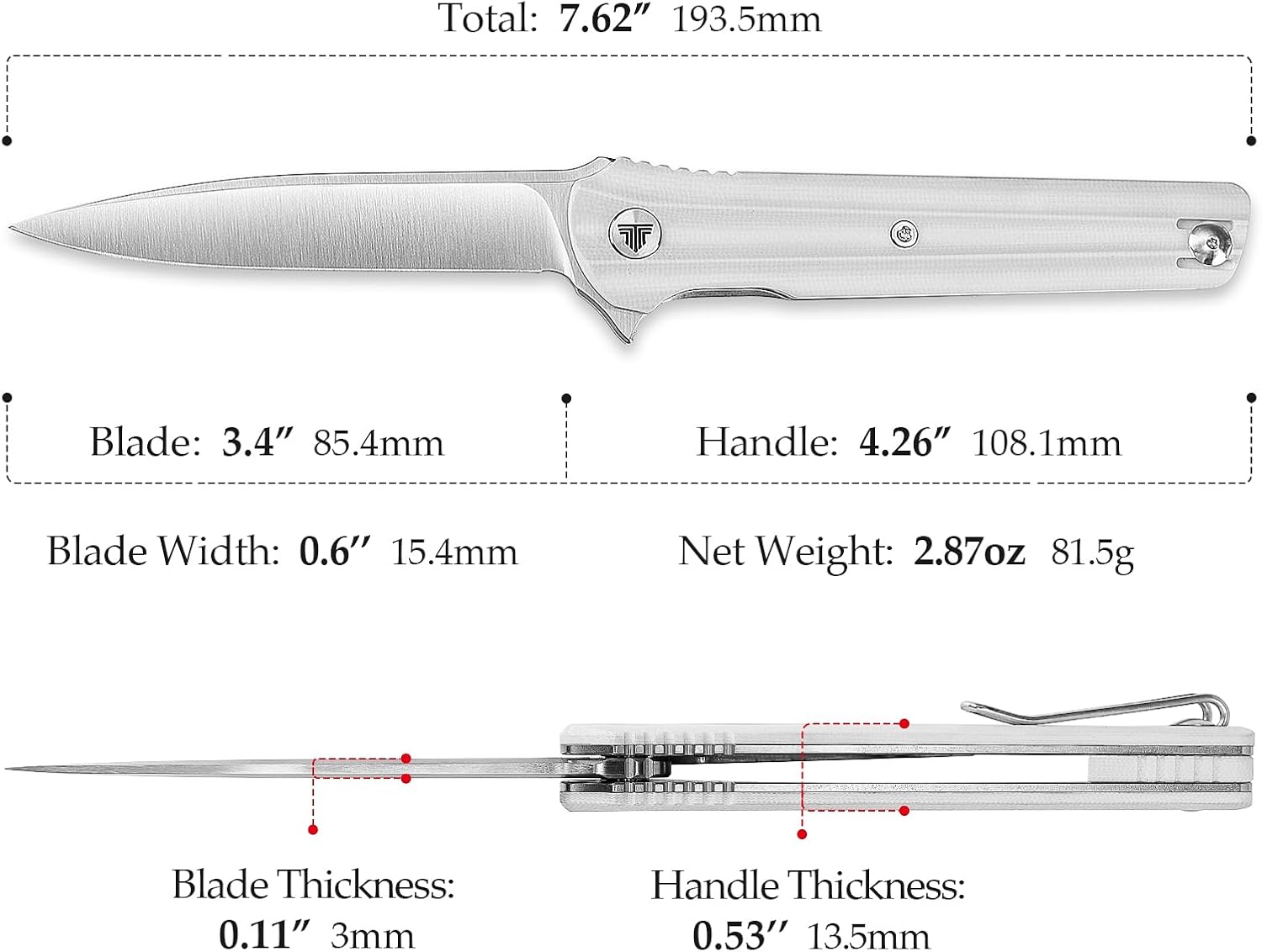 TRIVISA EDC Pocket Knife for Men,Folding Knives with Reversible Clip,Liner Lock 3.4'' Satin 14C28N Steel Blade,White G10 Handle,Seagull-W
