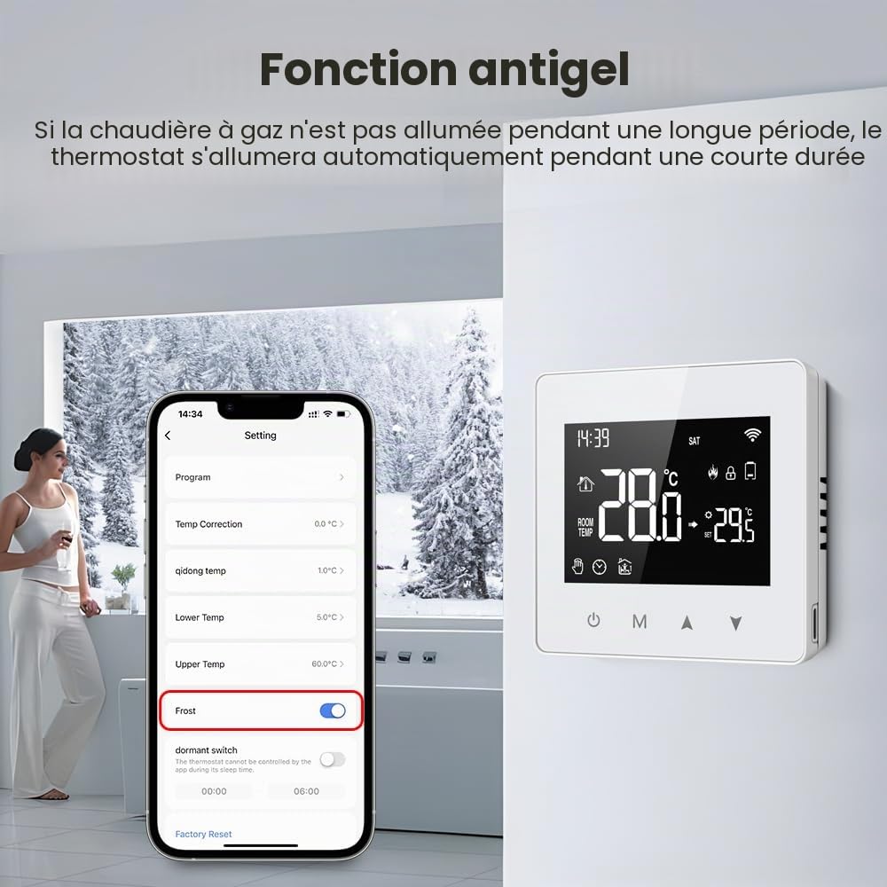 Thermostat Connecté WiFi,Thermostat Chaudiere Gaz a Pile Ou USB,Chaudière Gaz,Compatible avec Alexa et Google Home,Voix et Télécommande,Thermostats D'ambiance Programmable (Blanc)
