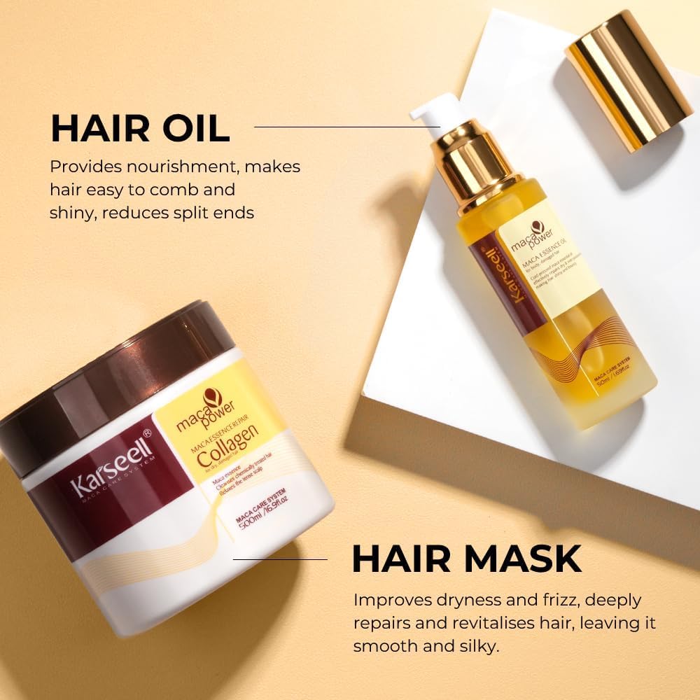 Karseell Maca Essenz Reparatur Set, Kollagen Haarmaske & Haaröl Tiefenreparatur Haarpflege für Trockenes Geschädigtes Haar Alle Haartypen 500ml + 50ml