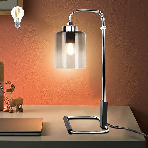 DINGLILIGHTING DLLT - Lámpara de mesa de metal, lámpara industrial de mesita de noche con pantalla de cristal, lámpara de escritorio de lectura
