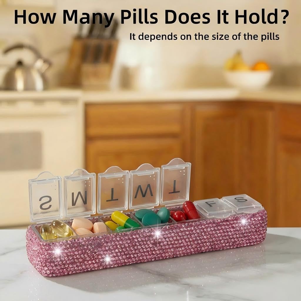 Weekly Pill Organizer 7 Day Small Pill Case Medicine Holder Daily Pill Box Bling Vitamin Container Medication Cases Organizers(Pink)
