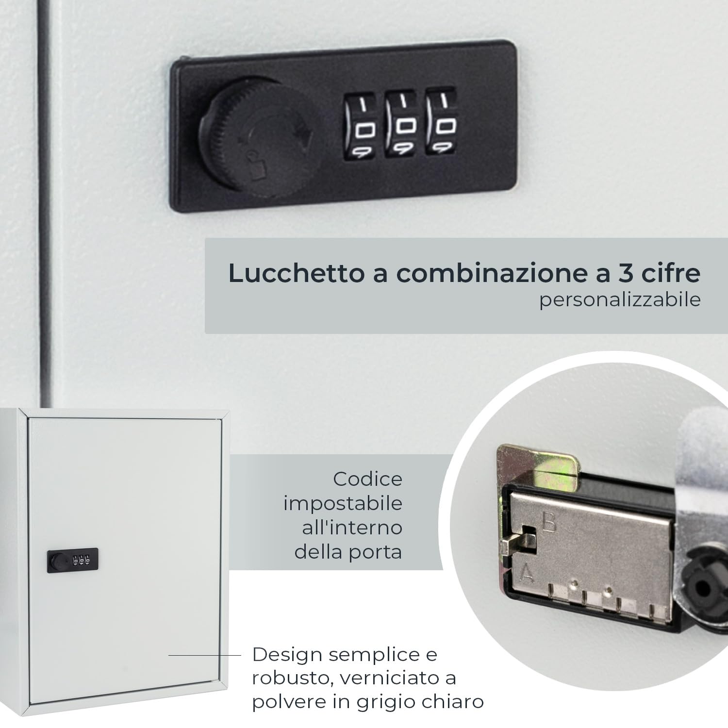 HMF 13642-07 Armadietto portachiavi con codice numerico, cassetta portachiavi grande | 42 ganci | 35 x 27 x 8 cm | Grigio chiaro