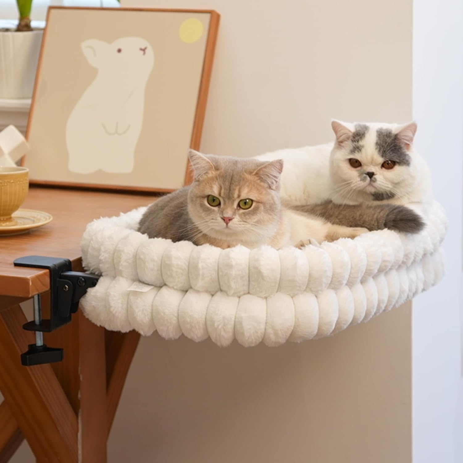 CHEERPALS Cat Desk Bed with Reversible Cushion, 90°Foldable Cat Hammock for Desk Mounted, Suitable for Medium-to-Large Cats and Puppy, Clowd Series(White, Large)