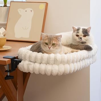 CHEERPALS Cat Desk Bed with Reversible Cushion, 90Foldable Cat Hammock for Desk Mounted Removable & Washable, Suitable for Medium-to-Large Cats and Puppy, Cloud SeriesWhite, Large