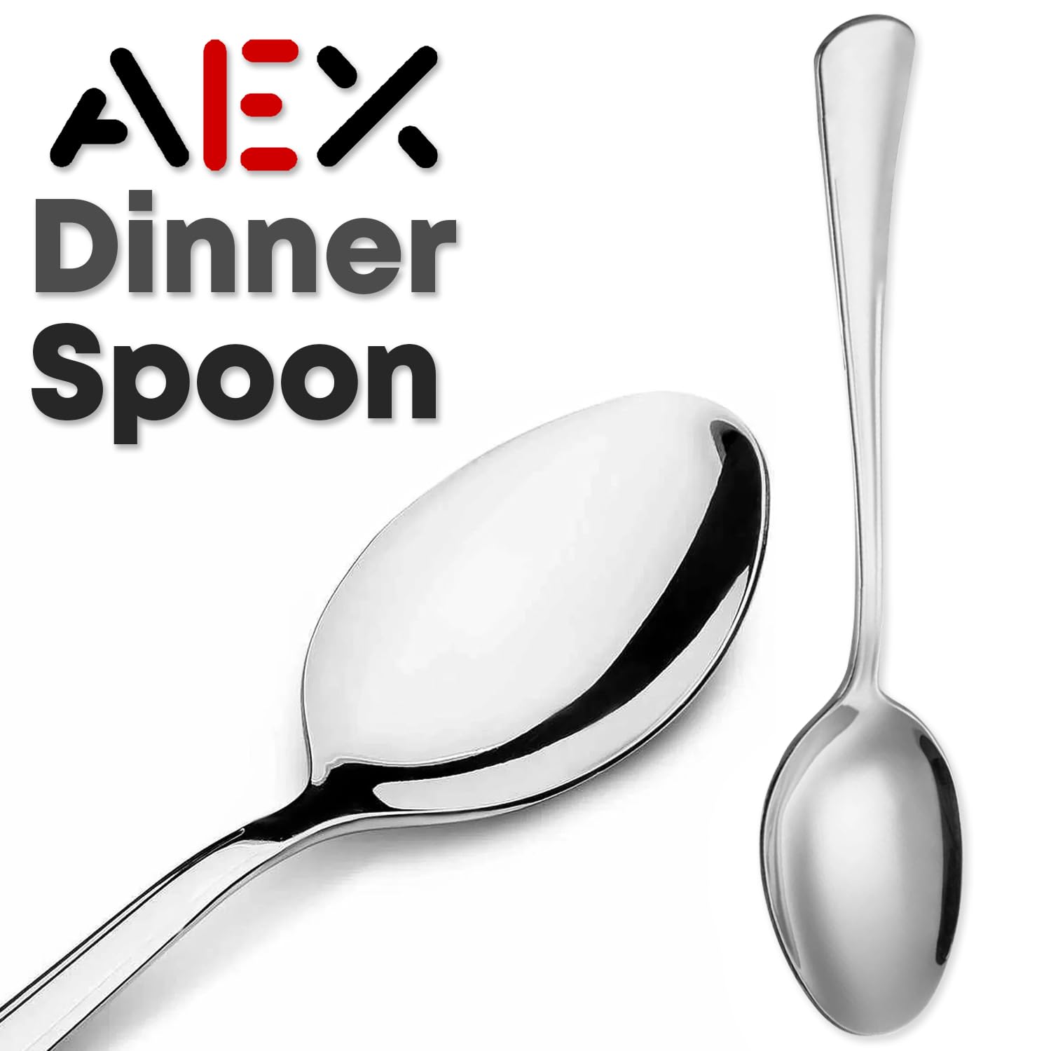 AEX Premium-Löffel, Edelstahl-Löffel, runde Kanten, hochglanzpoliert, spülmaschinenfest, 20,5 cm, Silberfarben, 6 Stück