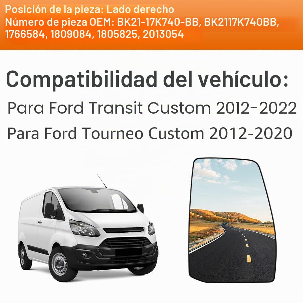 SENZEAL Cristal de espejo reemplazar para Ford Transit Custom 2012-2022 Retrovisor Cristal De Retrovisor Calefactable Retrovisor exterior Lado(Derecha)