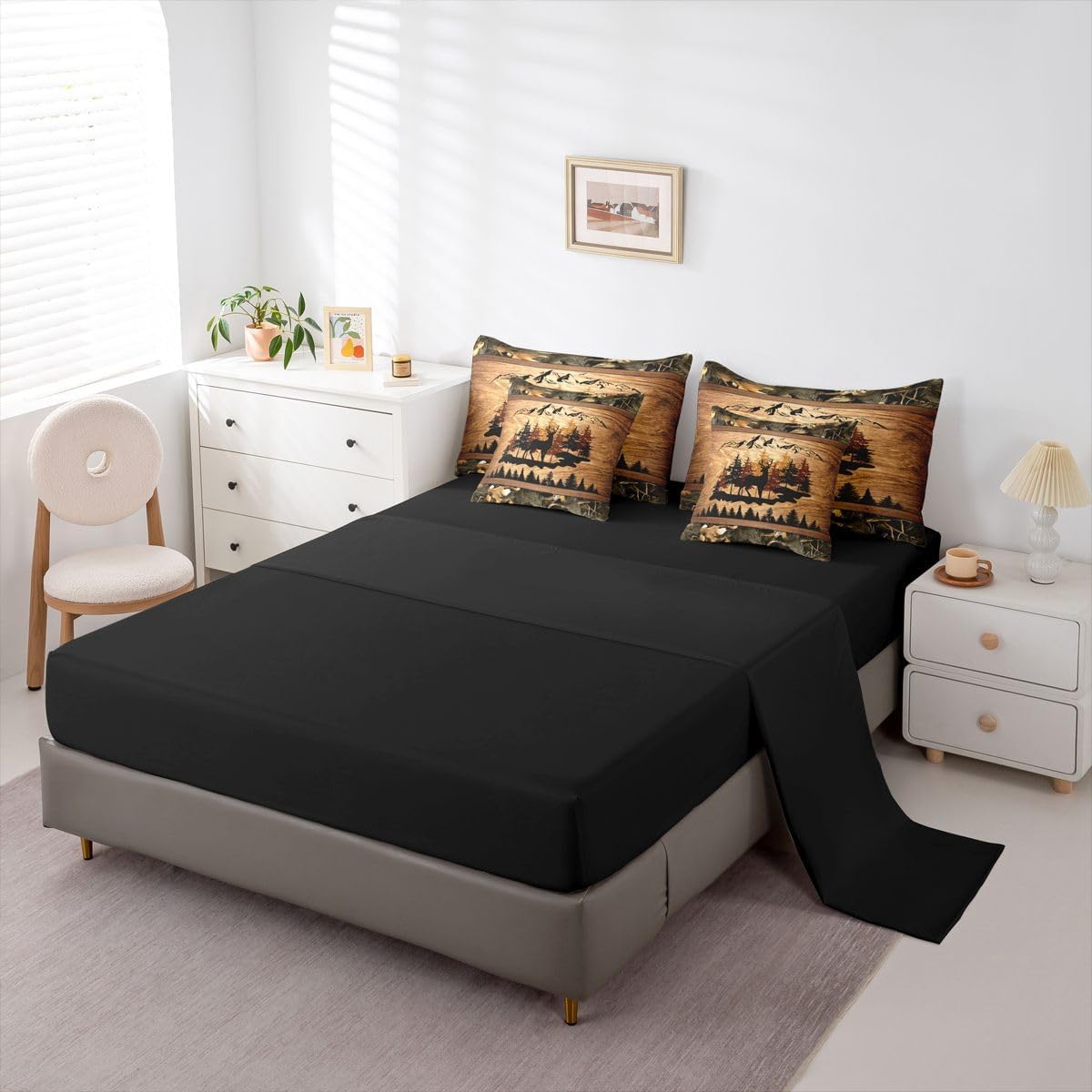 7 Pcs Deer Cabin Bedding Set Jungle Plants Retro Wooden Stripe Comforter Set Pine Trees Wild Animals Silhouette Bed in a Bag with Comforter,Flat&Fitted Sheet,2 Pillowcases,2 Pillow Covers,Queen Size