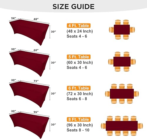 Miniatura 5 de Paquete de 2 manteles rectangulares de elastano de 6 pies, color borgoña, tela elástica, manteles de licra de 6 pies sin arrugas para fiestas,