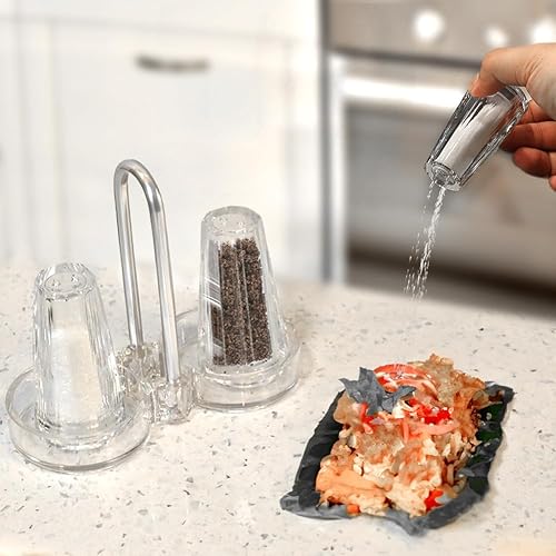 Miniatura 5 de Juego de 2 botellas de condimento de cristal con soporte, juego de salero y pimentero de cristal recargable, dispensador de sabor de cristal,