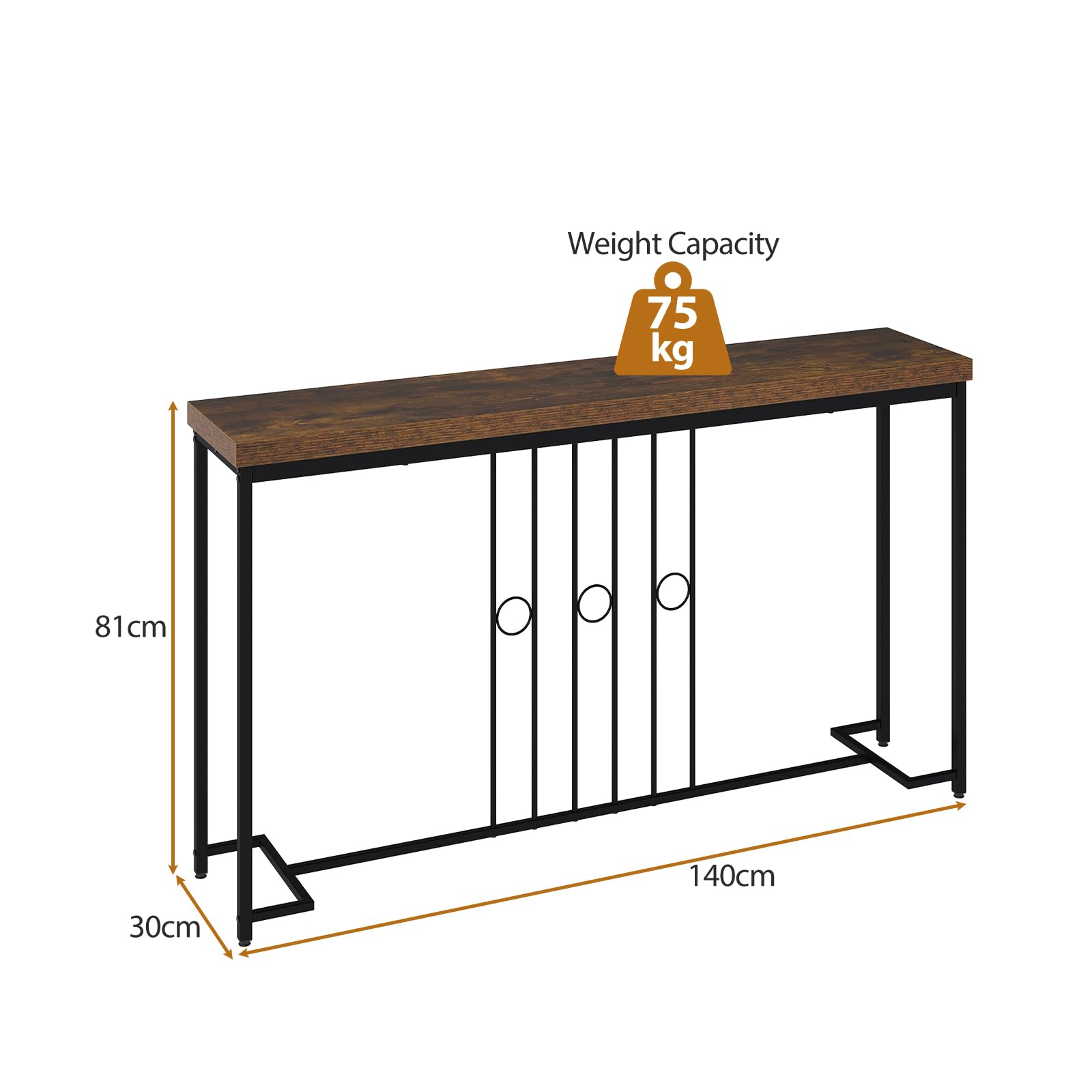 LIFEZEAL Consolle Ingresso, 140x30x81cm, Tavolo Consolle, Industriale, Lungo, Salvasapzio, in Legno e Metallo, con Decorazioni a Linee e Anelli, Console Dietro Divano, Entrata, Corridoio, Marrone