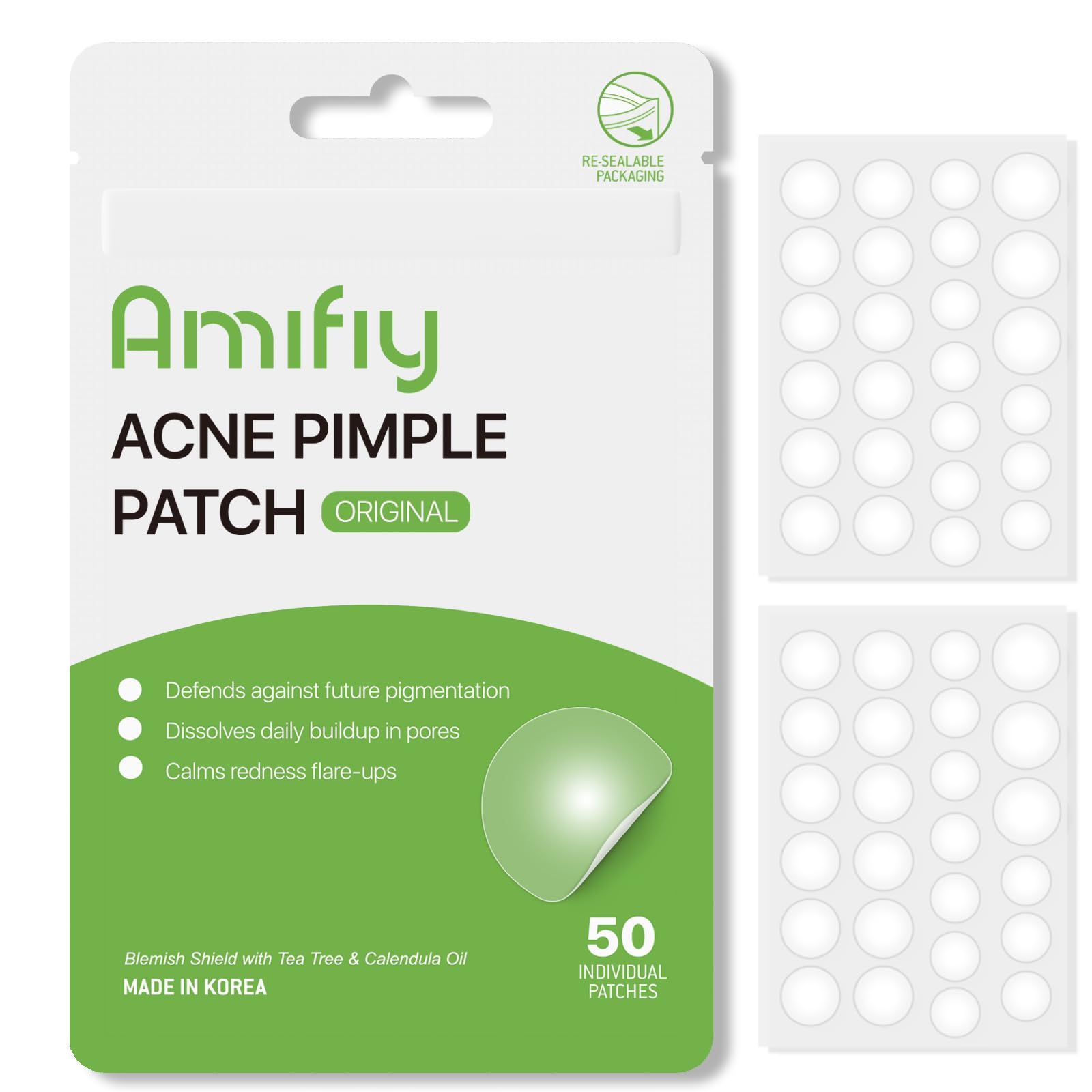 Amifiy Pimple Patches with Hydrocolloid & Tea Tree – Invisible Acne Stickers for Face, Oil-Absorbing Zit Dots, Vegan & Cruelty-Free Blemish Treatment, 50 Count (10mm/12mm/14mm)