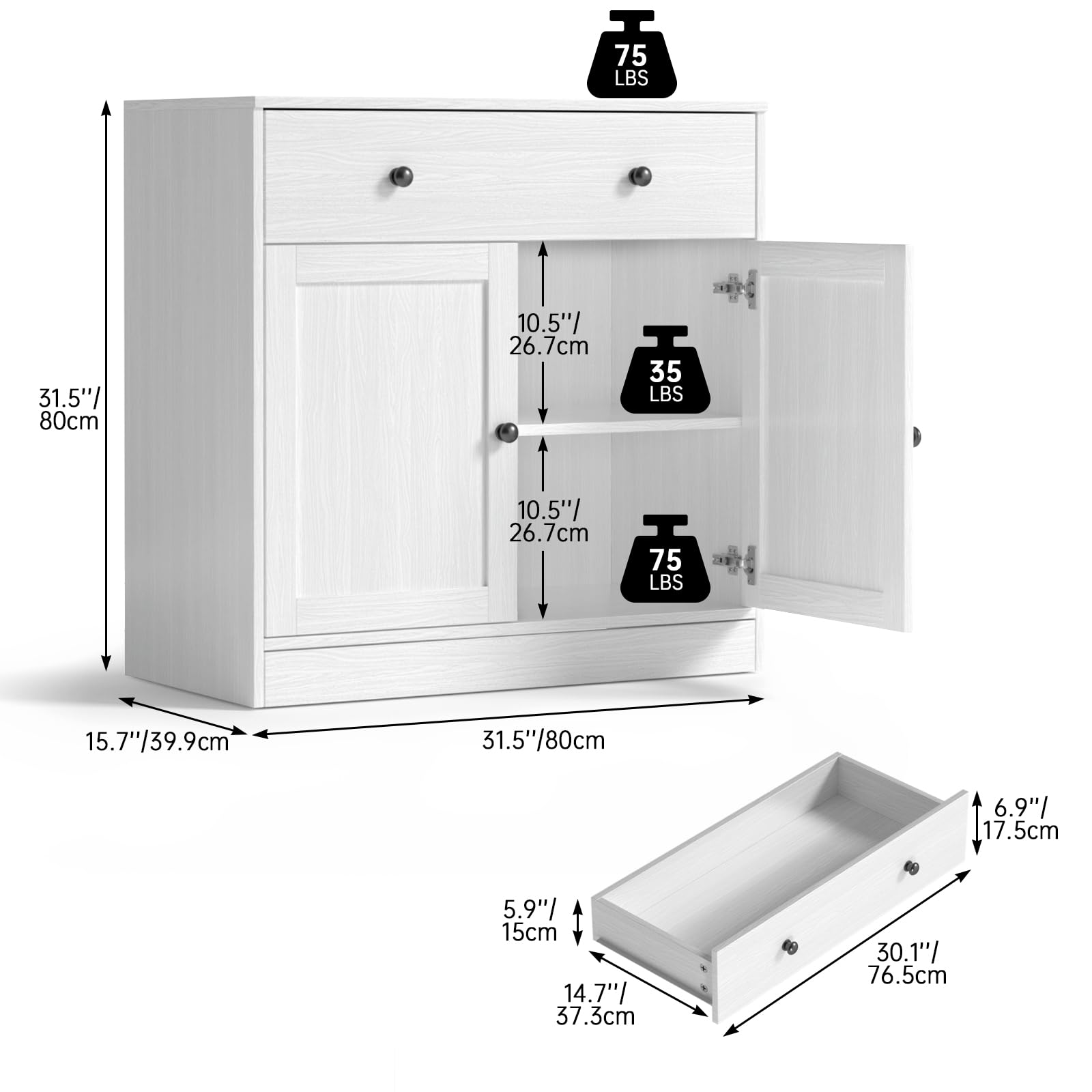 VOWNER Sideboard mit Schubladen, Kommode mit 2 Türen, Küchenschrank mit Arbeitsplatte, Buffetschrank, TV Board, Aufbewahrungsschrank für Wohnzimmer Schlafzimmer, 40 x 80 x 80 cm (Weiß, 1PCS)