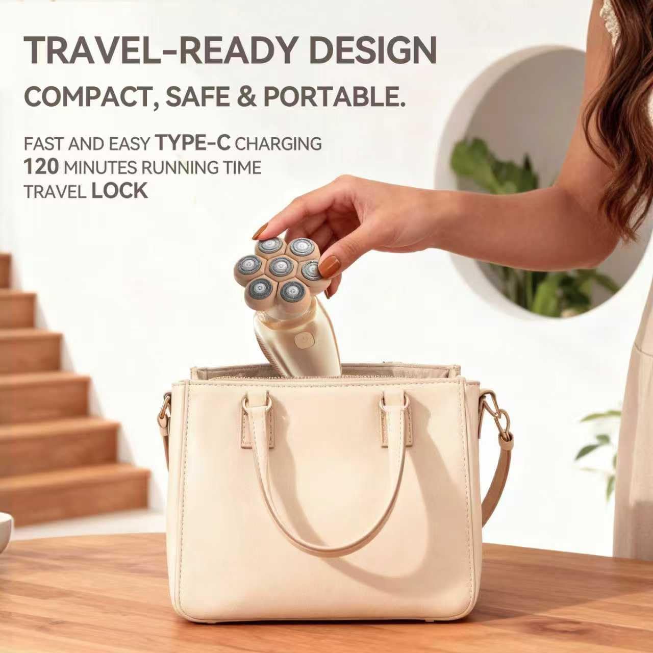 3-in-1 Electric Razor for Women’s Legs & Bald Head, IPX7 Waterproof Wet/Dry Grooming Kit with 7D Magnetic Blade, 120-Min Type-C Rechargeable Razor, Ideal Holiday Gift, Mocha - Image 7