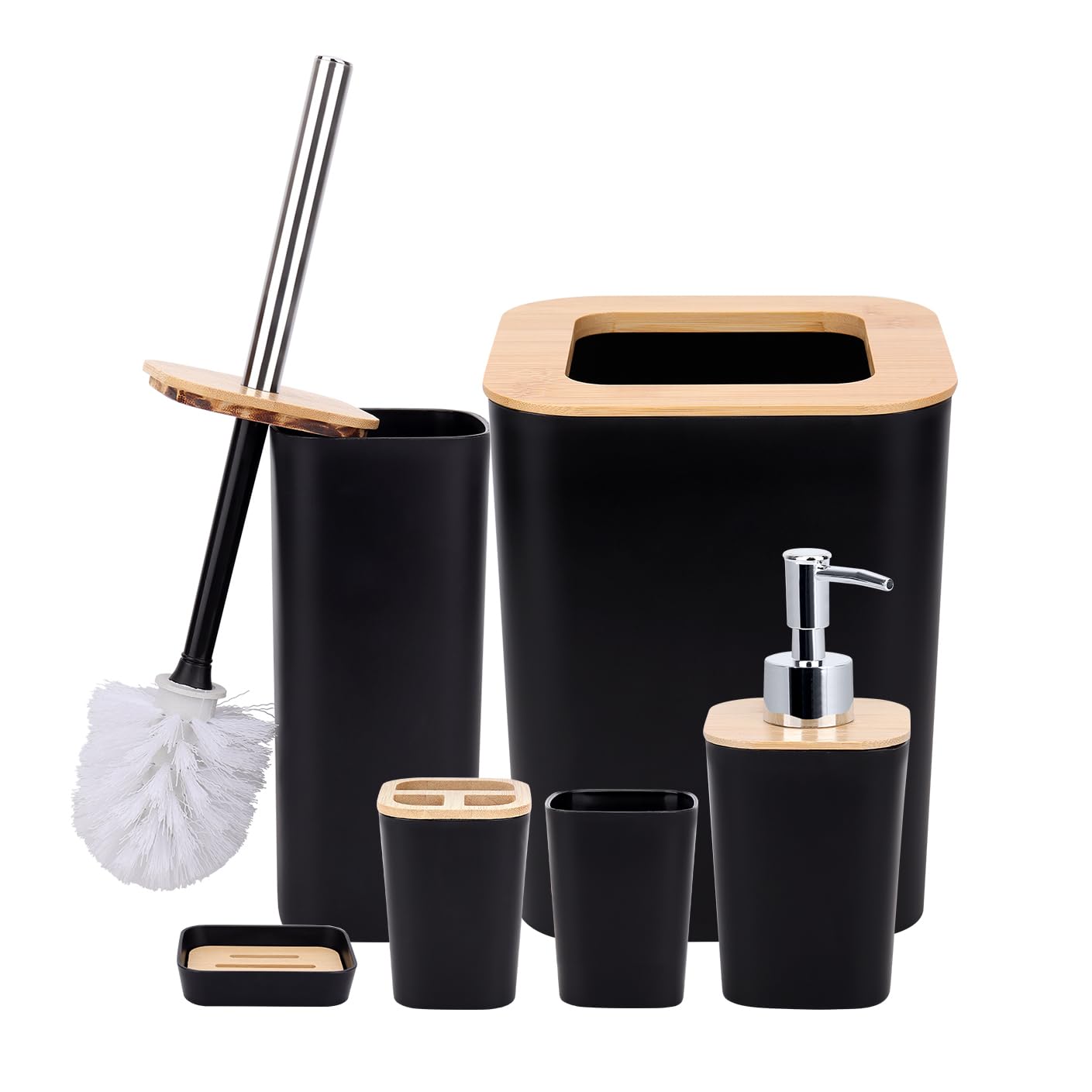 Set Bagno Accessori Completo - 6 Pezzi Set Accessori Bagno in bambù, set con bottiglie per lozione, portaspazzolino, tazza da denti, portasapone, spazzolino, cestino