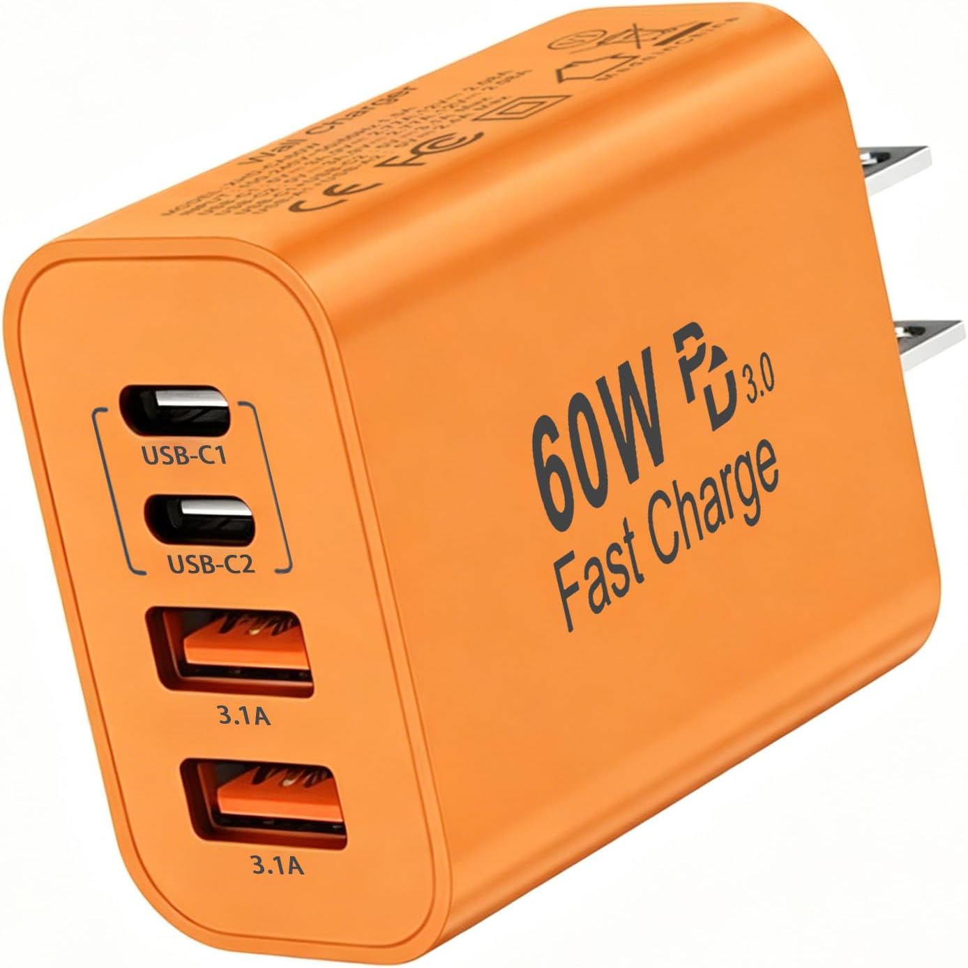 60W USB C Charger Block,4-Port USB C Wall Charger iPhone Charger Fast Charging Power Adapter+QC Wall Plug Multiport Type C Brick Chargers for iPhone 17 16 15 14 13 12 Pro Max,iPad Pro/Air/Mini-Orange