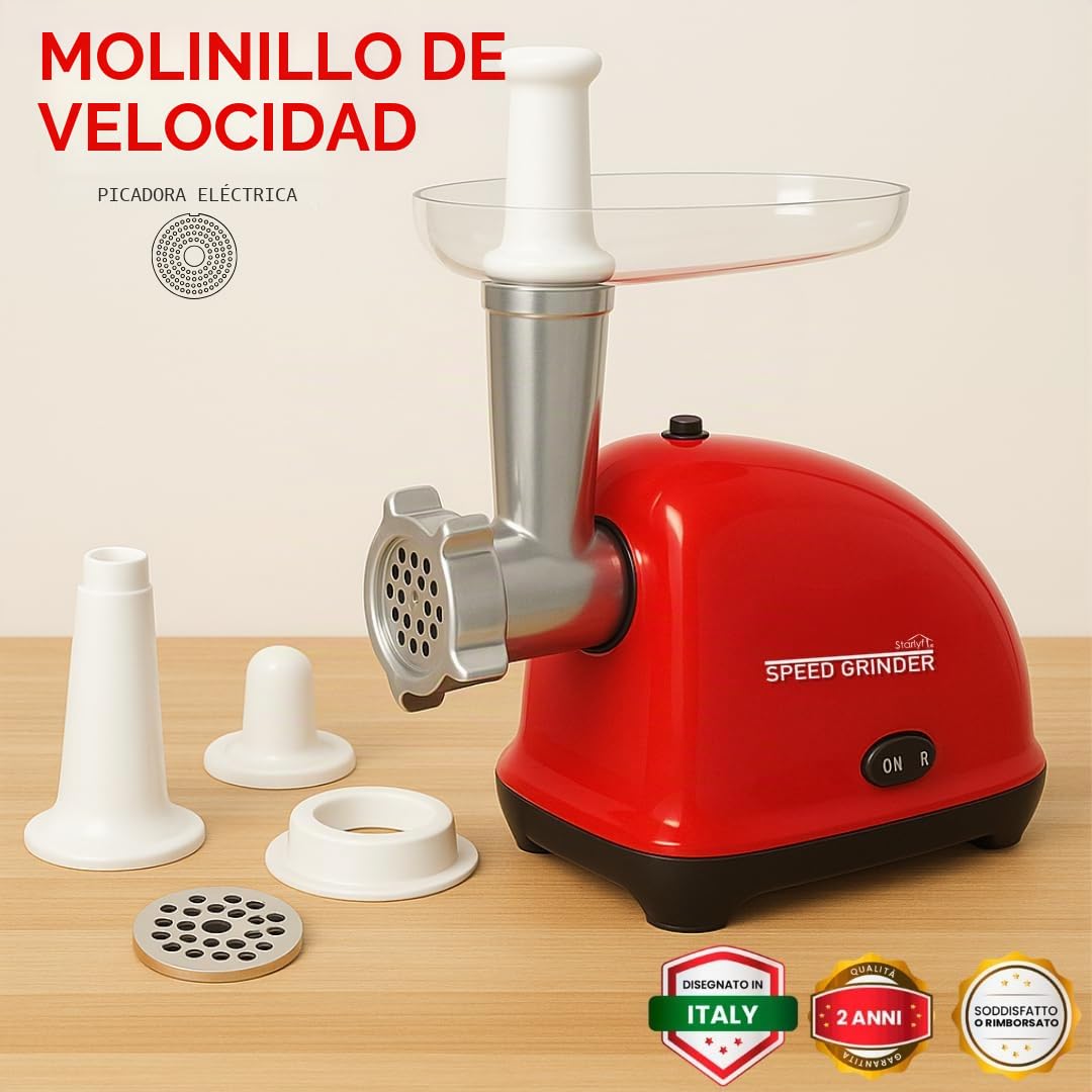 STARLYF Speed Grinder – Picadora de Carne Eléctrica, Disco Acero inoxidable, Potente, Carne Picada, Hamburguesas, Albóndigas, Salchichas o Kibbeh - Servicio Post Venta -