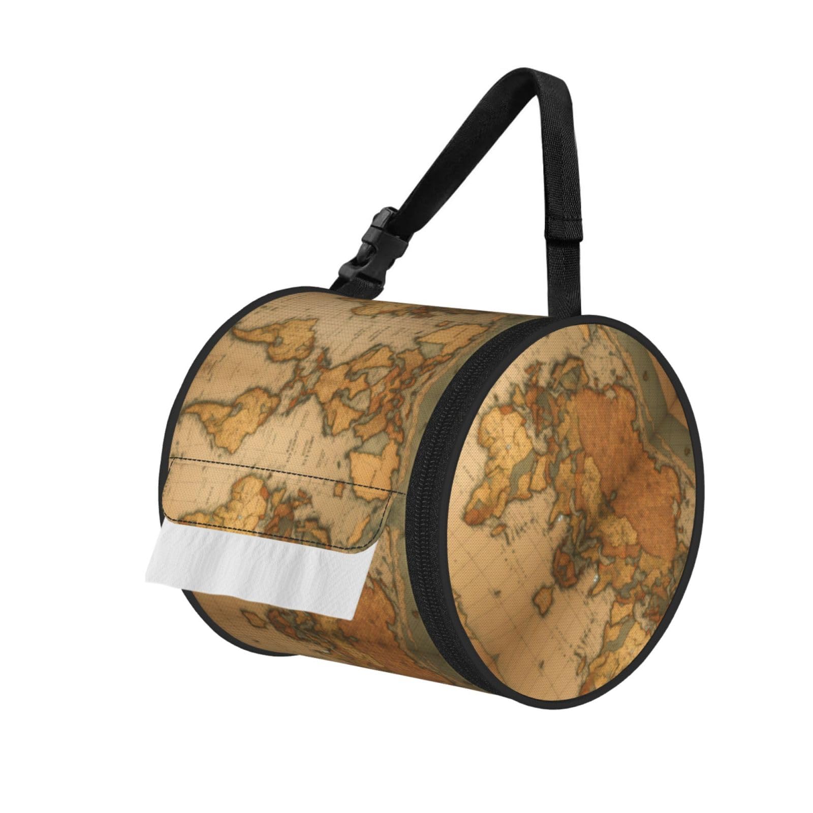 World Map Print Cylinder Bathroom Tissue Holder With Buckle Strap, Portable Paper Case For Road Trips