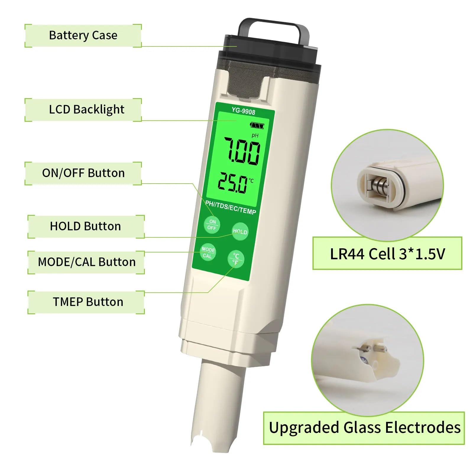 PH mètre testeur de qualité l'eau hydroponique LCD rétro-éclairage thermomètre PH/EC/TDS for Aquariums eau potable