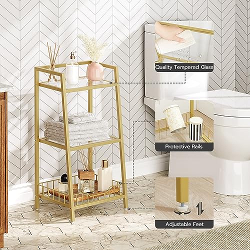 HOOBRO Gold Glass Shelf Stand, 3 Tier Standing Shelf Unit, Bathroom Organizer and Storage, Floor Storage Shelves Waterproof, for Bathroom, Laundry, Toilet, Tempered Glass, Gold GD77CJ01 by HOOBRO - Used condition - Image 4
