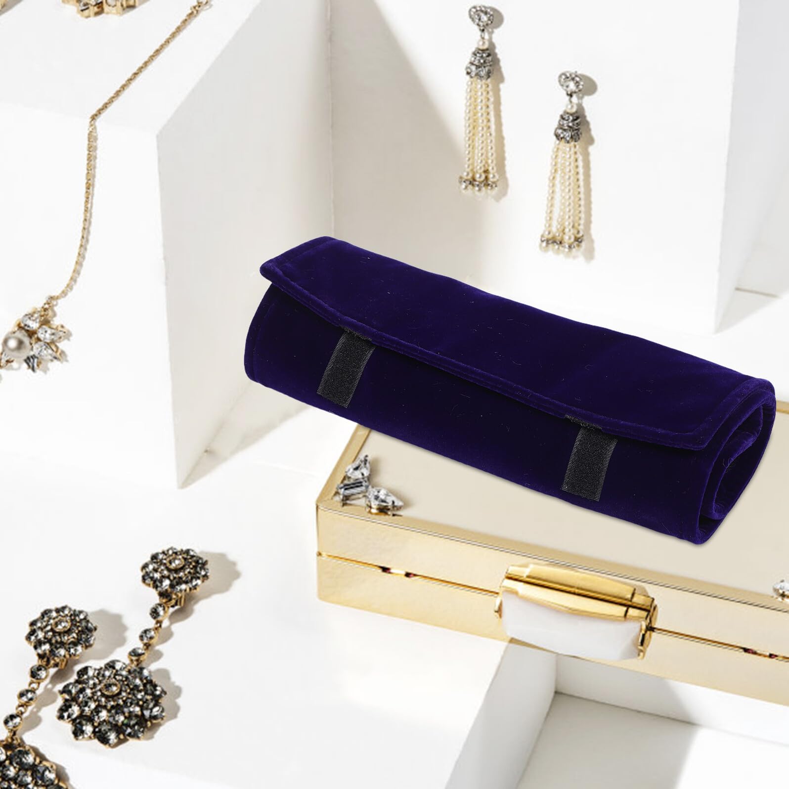 Estuche Enrollable para Joyas de Viaje Azul Oscuro, Organizador Portátil de Terciopelo Compartimentos para Collares y Pendientes, Compacto y Protector para Uso en Viajes