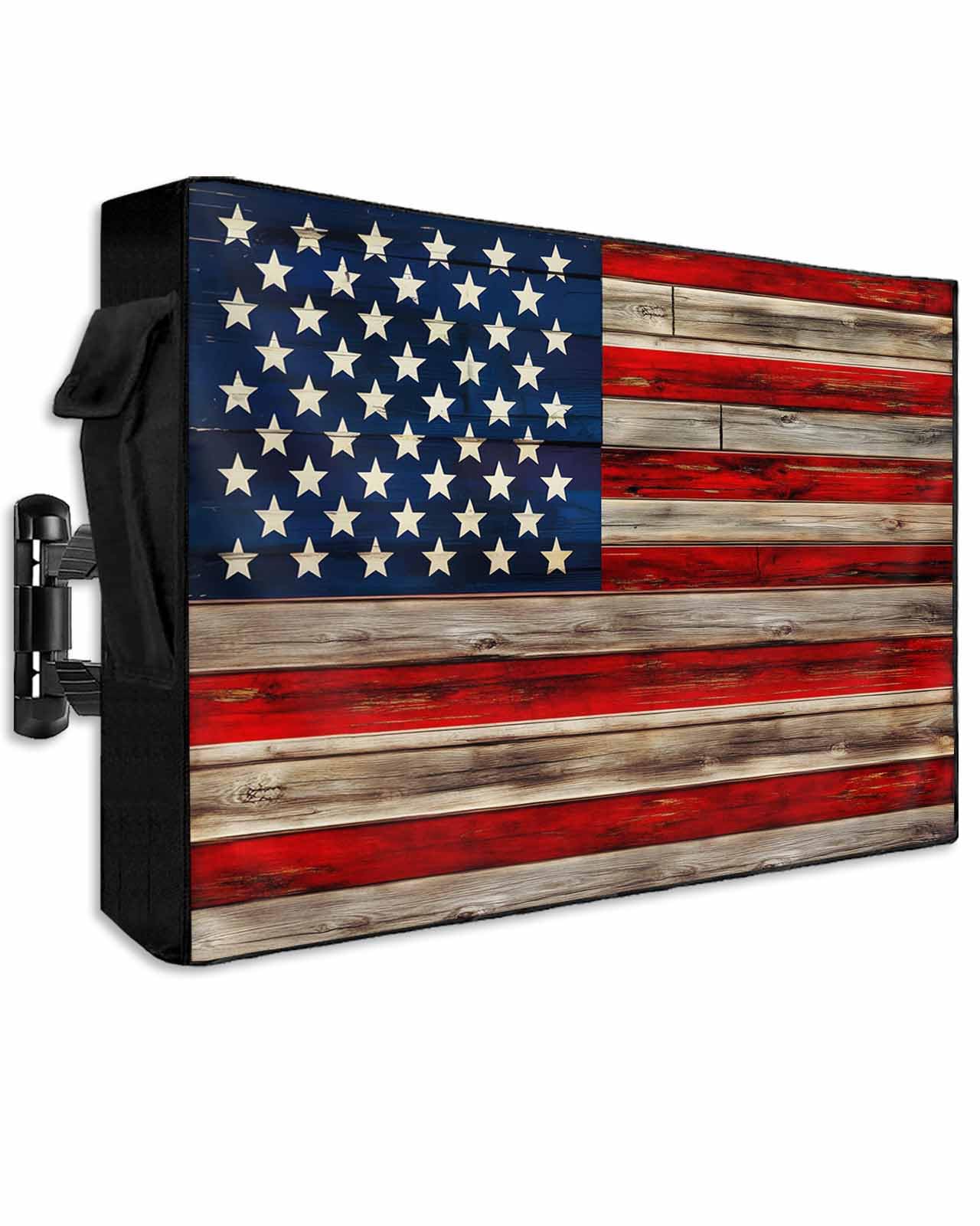 LBCASA American Flag Outdoor TV Cover 70 to 75 Inch Weatherproof, Vintage Red Stripes Wooden 600D Oxford TV Covers with Zipper, USA Flag Outside Flat