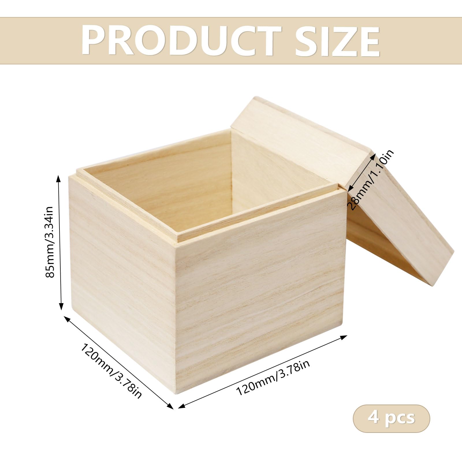 4 Pezzi Piccole Scatole in Legno Quadrate Scatola di Legno Portaoggetti Grezzo con Coperchio Cassette Legno Decorative Non Finita per DIY Artigianato e Contenitori,12x12x11.2cm