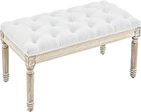 LOULENS French Vintage Linen Upholstered Bench - Tufted Entryway Shoe Bench, End of Bed Seat with Brushed Wood Legs, White