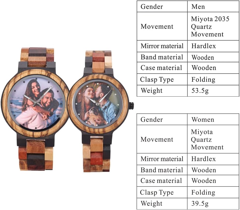 EBONY Custom Wooden Watch for Men Personalized Women Wood Wristwatch with Engraved Photo Design Luminous Hands Unique Gift for Birthday Anniversary or Wedding