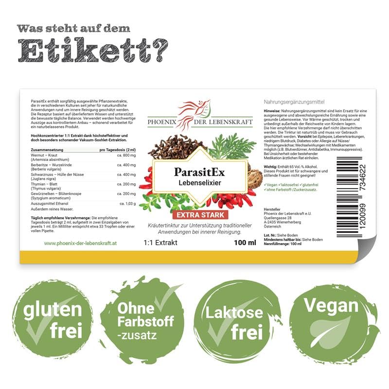 ParasitEx Kräutertinktur 100 ml – bei bestehender Parasitenkur – 1:1 Extrakt mit Wermut, Berberitze, Schwarznuss, Thymian, Nelken – Darmreinigung & Detox – vegan, hochdosiert, pflanzlich