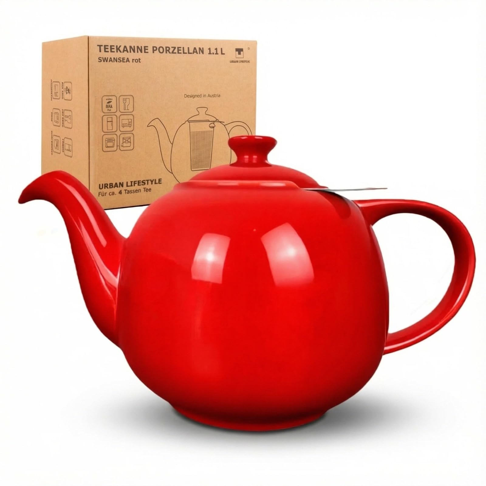 URBAN LIFESTYLE Tetera de porcelana con infusor de acero inoxidable, 1,1 L (5 tazas), tetera sin goteo para té a granel y bolsitas, modelo Swansea verde mar (Rojo)