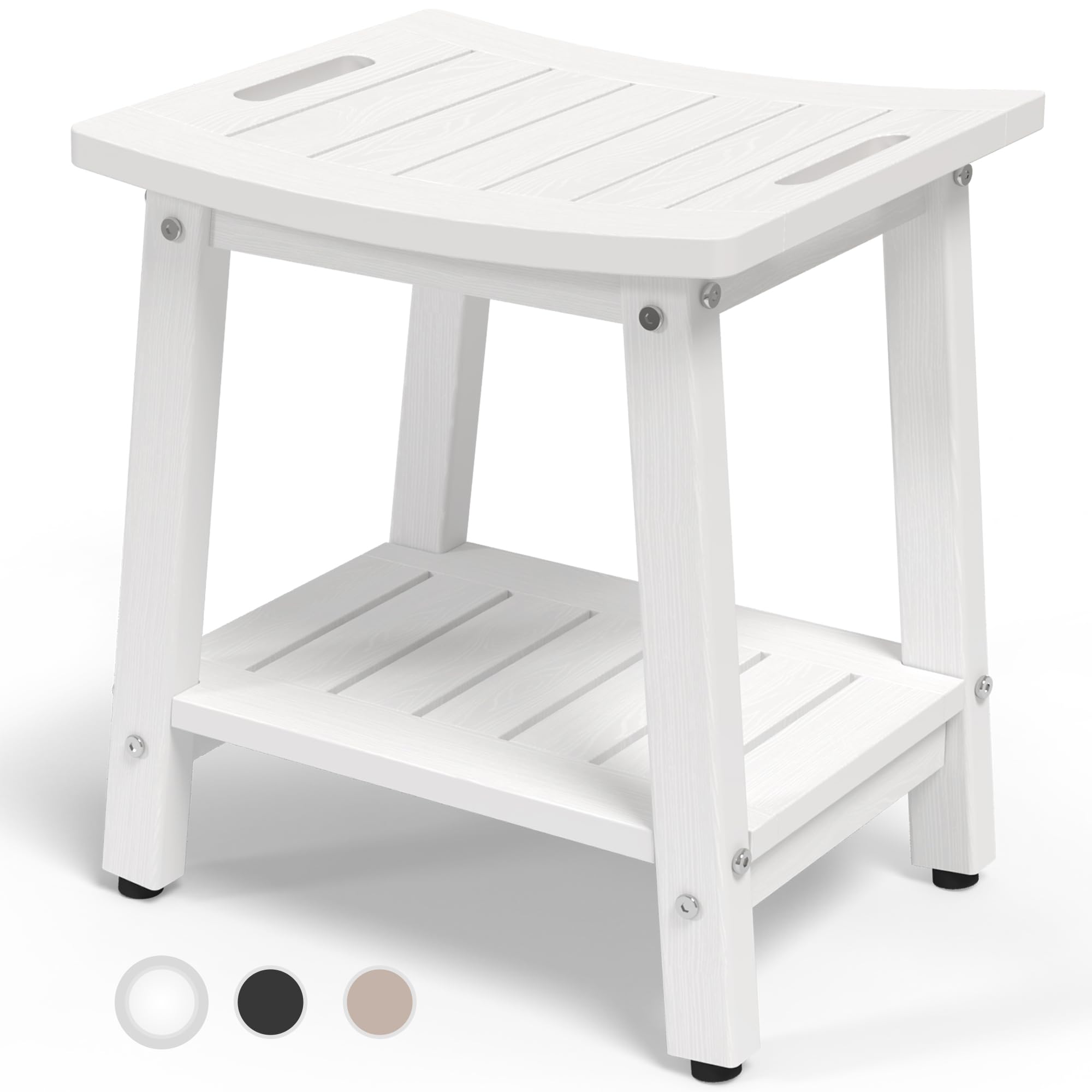 Shower Bench for Inside Shower - White HDPE Shower Stool Waterproof - Spa Bathroom Seat Chair with Handle, Storage Shelf, Adjustable Feet - Indoor/Outdoor, Weather Resistant