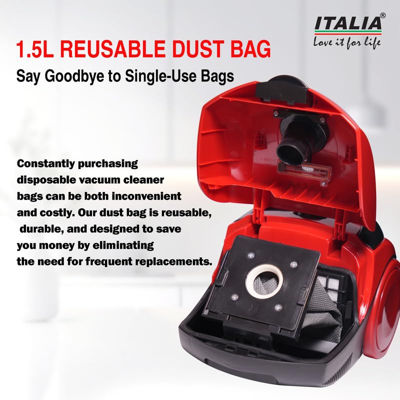 Image of ITALIA 1500W Canister Vacuum Cleaner | 1.5L Reusable Dust Bag & Bag-Full Indicator | Auto Cord Rewind | for Deep Cleaning of Home, Floors & Carpets