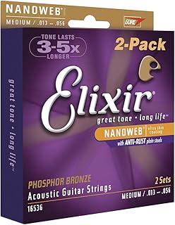 Elixir Nanoweb coated 16536 acoustic medium 13-56 phosphor bronze guitar strings (2 packs)
