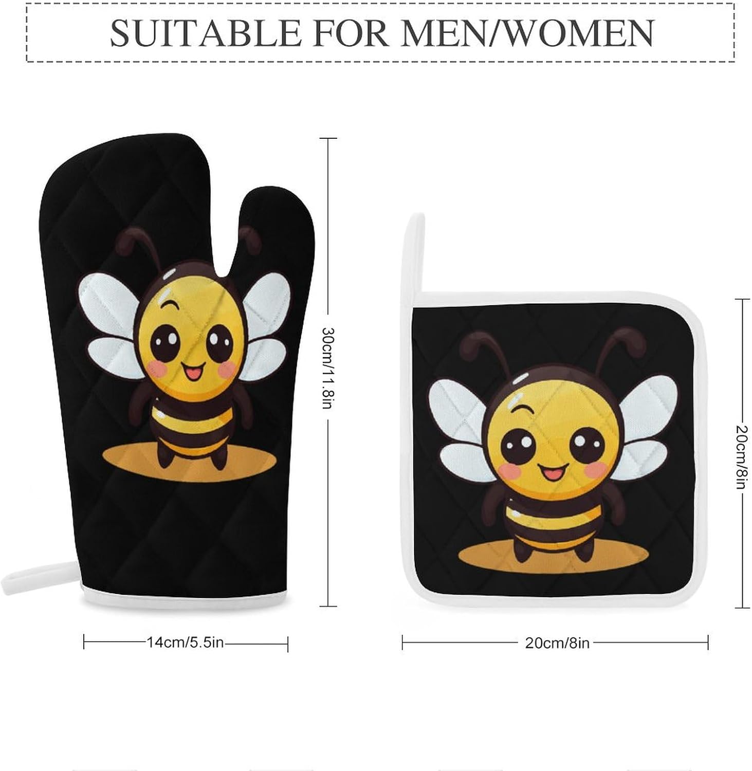 Cute Bee 4 Pcs Oven Mitts and Pot Holders Set High Heat Resistant Long Kitchen Oven Glove Potholders