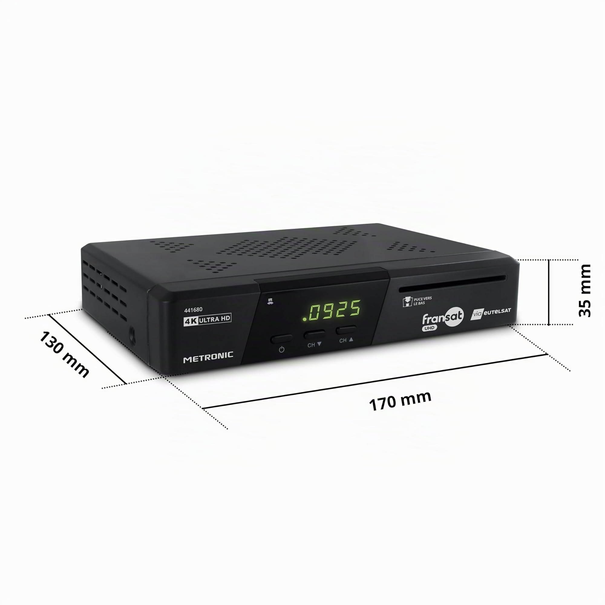 METRONIC 441680 Fransat 4K UHD HDR10 Satélite, Recepción de TDT, Sonido Dolby Atmos, Puerto USB de Doble Potencia, Tarjeta Fransat incluida, Pausa y reproducción de TV (Time Shift)