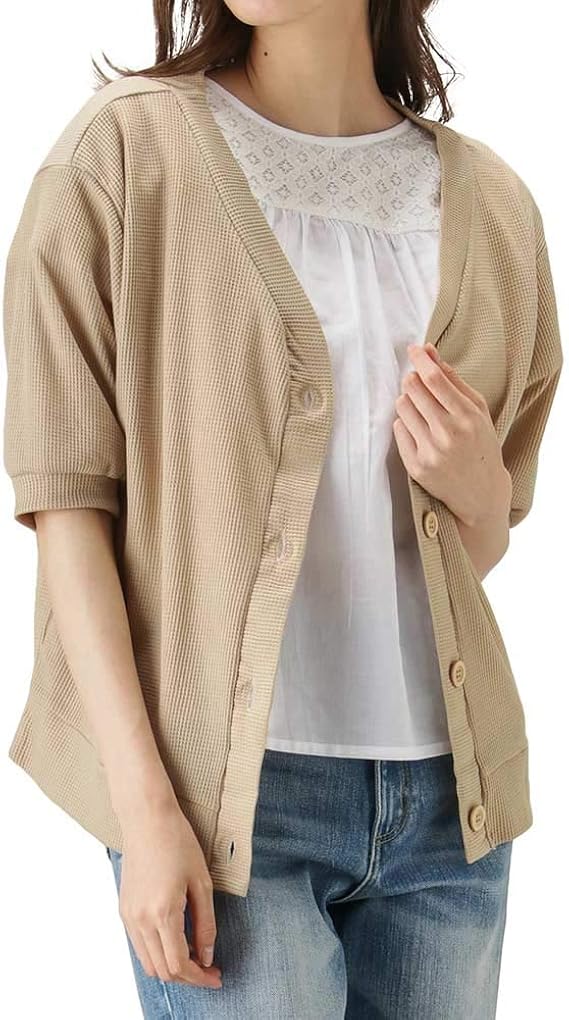 Amazon Navy ネイビー ワッフルカーディガン 半袖 カーディガン カーデ レディース ベージュ L カーディガン ボレロ 通販