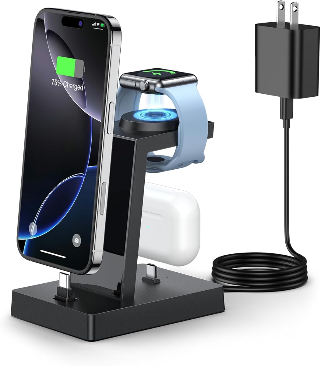 30W Fast 3 in 1 Charging Station for Apple Devices - ADADPU USB C Charger Stand for iPhone 17 16 15 Pro Max Plus & AirPods 4,Wireless Charger Dock Compatible with Apple Watch Ultra/10/9/8/7/6/5/4/3/SE