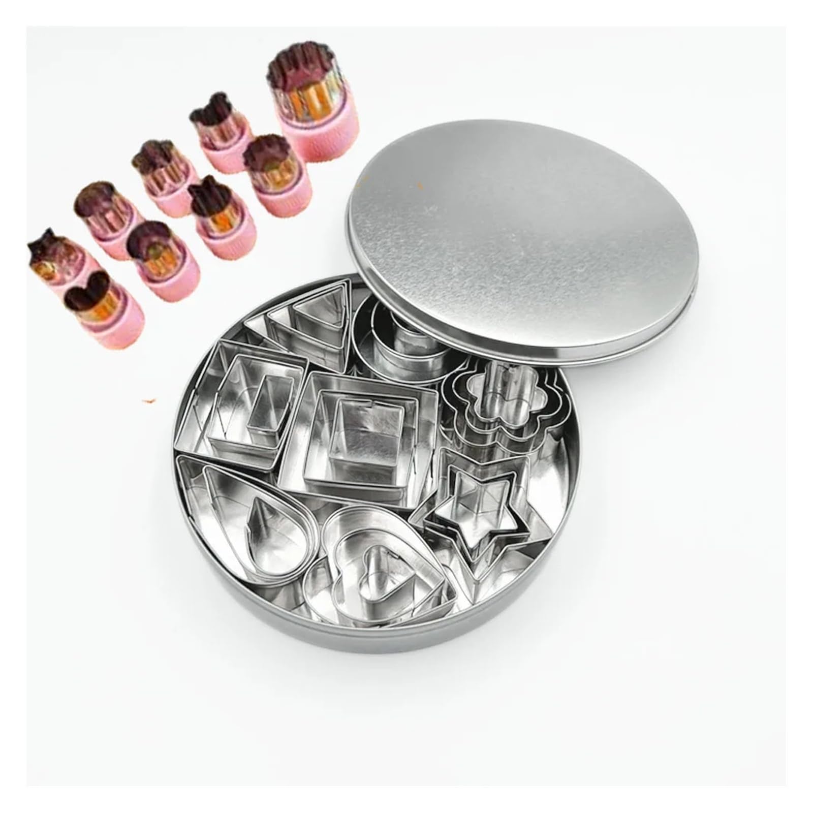 Juego de 24 mini cortadores de galletas + 9 cortadores de frutas de empuje, moldes de acero inoxidable for hornear galletas, fondant, frutas y verduras(24Pcs-9Pcs pink)