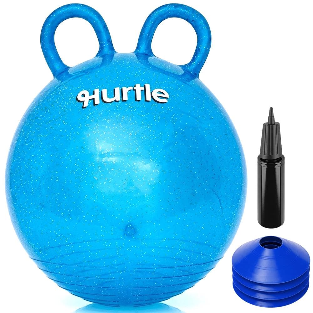 Hurtle Space Hopper 18 Inch Hopper Ball for Kids With Dual Handles, Pump and 4 Cones for Balance, Coordination and Active Indoor Outdoor Play, Blue Glitter