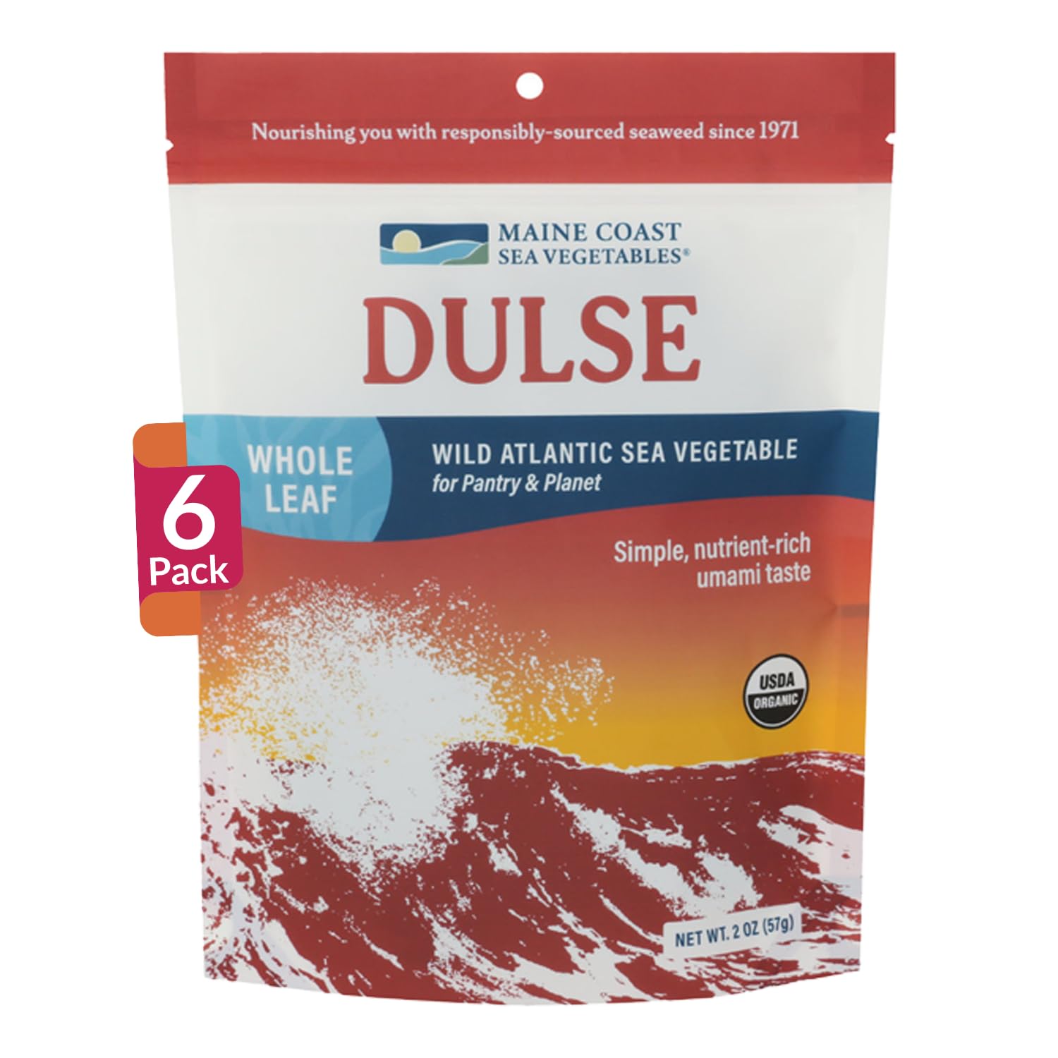 Maine Coast Sea Vegetables Organic Dulse Whole Leaf Bag | Nutritious Food & Seaweed Snacks | Rich in Iodine | North Atlantic Harvest | Great for Salads, Soup, Smoothies | 2 Oz (Pack Of 6)
