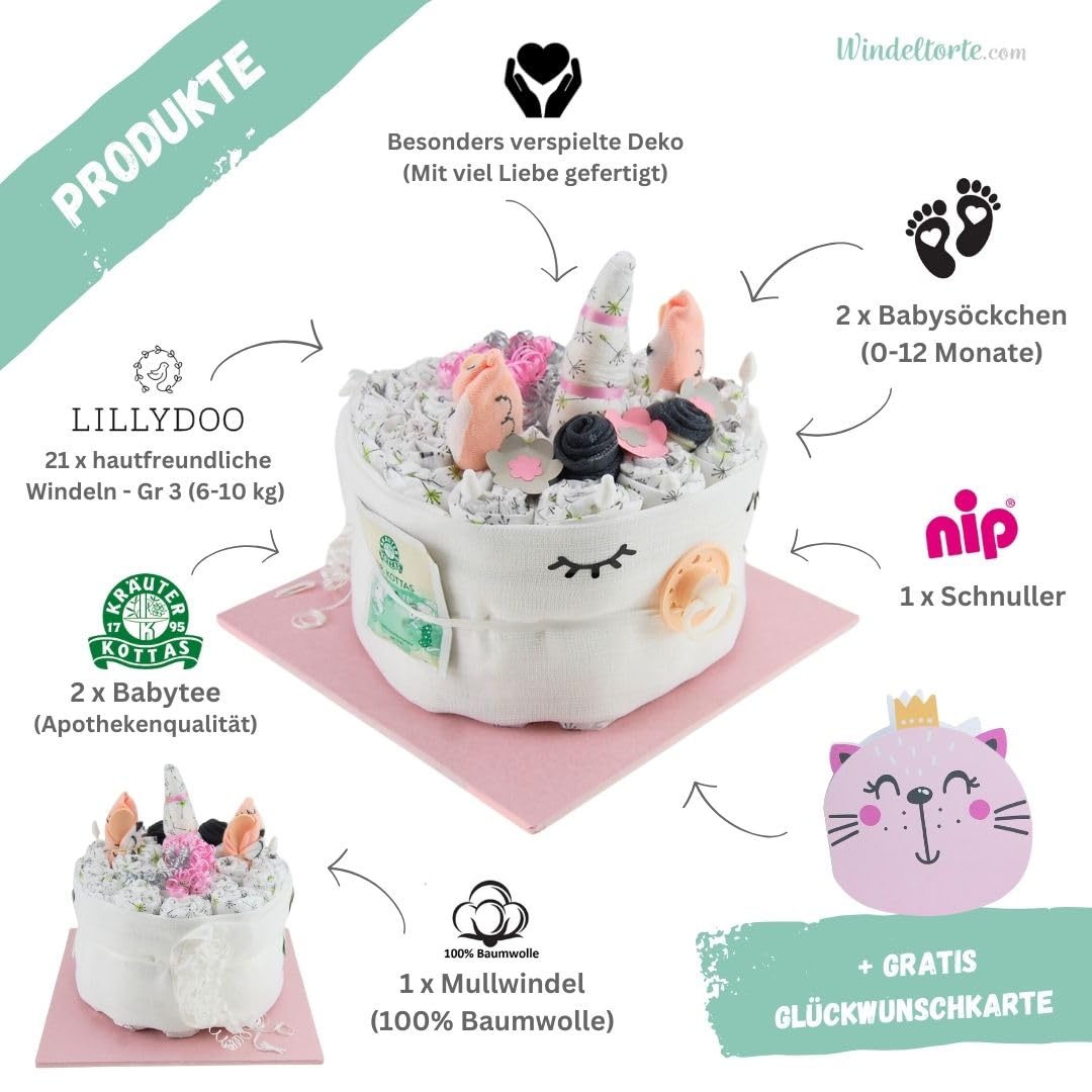 Einhorn Rosa Mädchen - Neugeborenen Geschenk Geburt [Freude Schenken] Babyparty Pullerparty Spielzeug Erstausstattung Feuchttücher Spucktücher Baby Socken Schnuller - Torte bestellen
