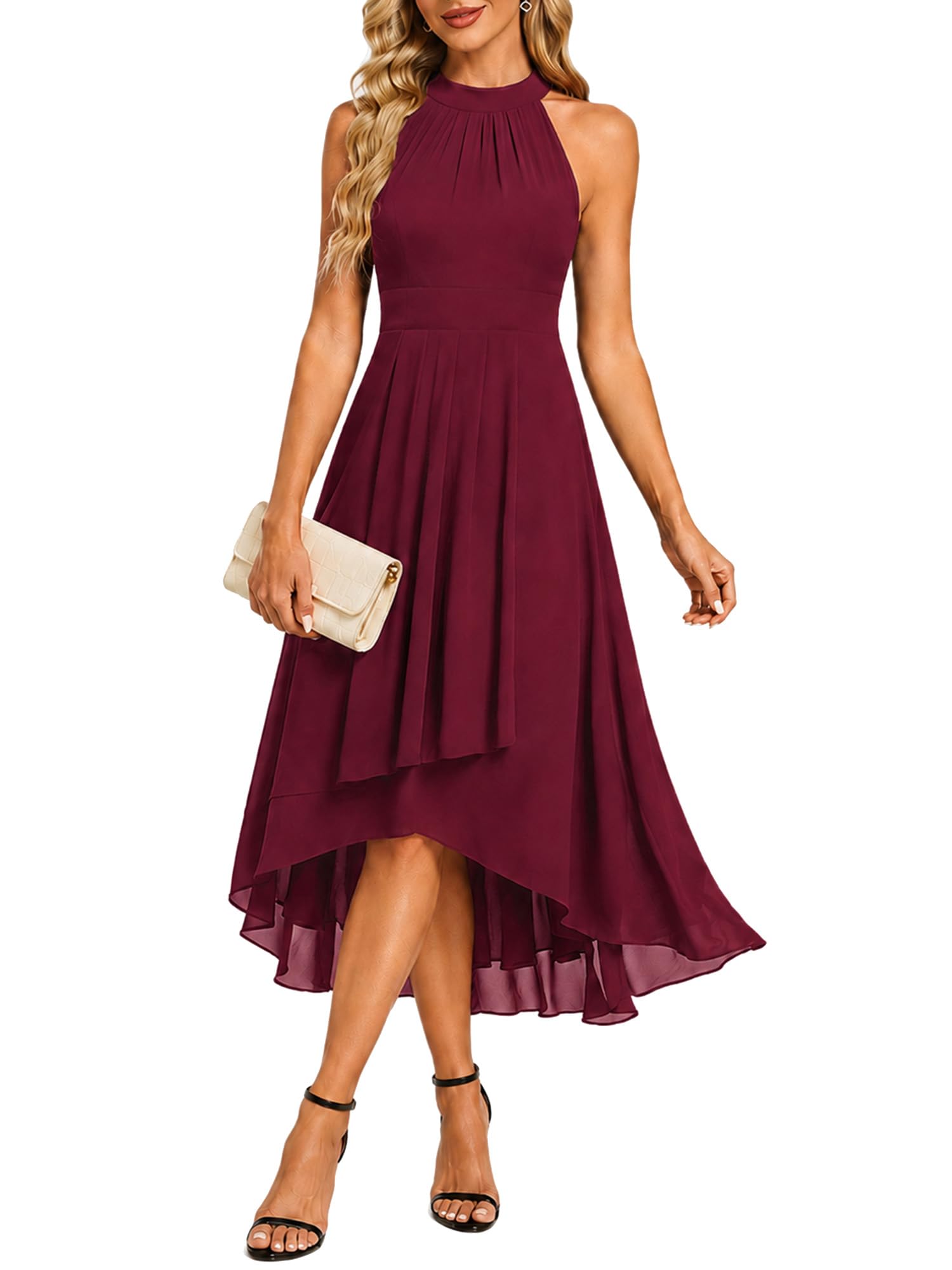 Ever-Pretty Abito da sposa sexy da donna con scollo all'americana Pletaed senza maniche Hi-Lo chiffon 31926 | Alto basso, pieghettato, vestito semi formale estivo, abito madre della sposa