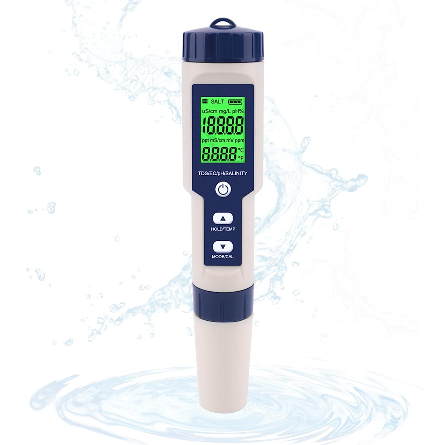 PH Meter - 5 in 1 Water Tester, IP67 Waterproof PH Pen, PPM Meter with Backlit, Salinity Tester for Saltwater Aquarium, Swimming Pool & Seawater