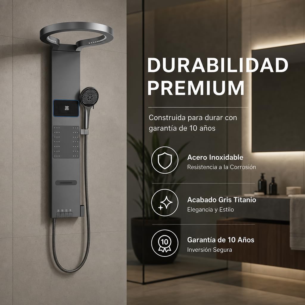 INEX EUROPA Panel de Ducha Termostática de Lujo Gris Titanio - Columna de Ducha Hidromasaje 10 Años de Garantía con 4 Modos de Operación - Torre de Ducha 105 cm Altura Daytona Collection