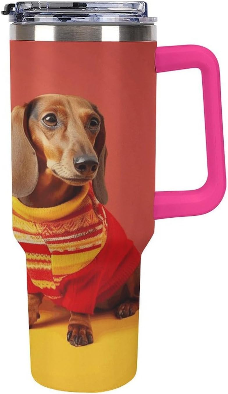 Cute Dachshund Travel Coffee Mug Reusable Durable Stainless Steel Insulated Tumbler with Handle And Straw Leak Resistant Portable Thermal Cup Gifts for Men Women 40 Oz