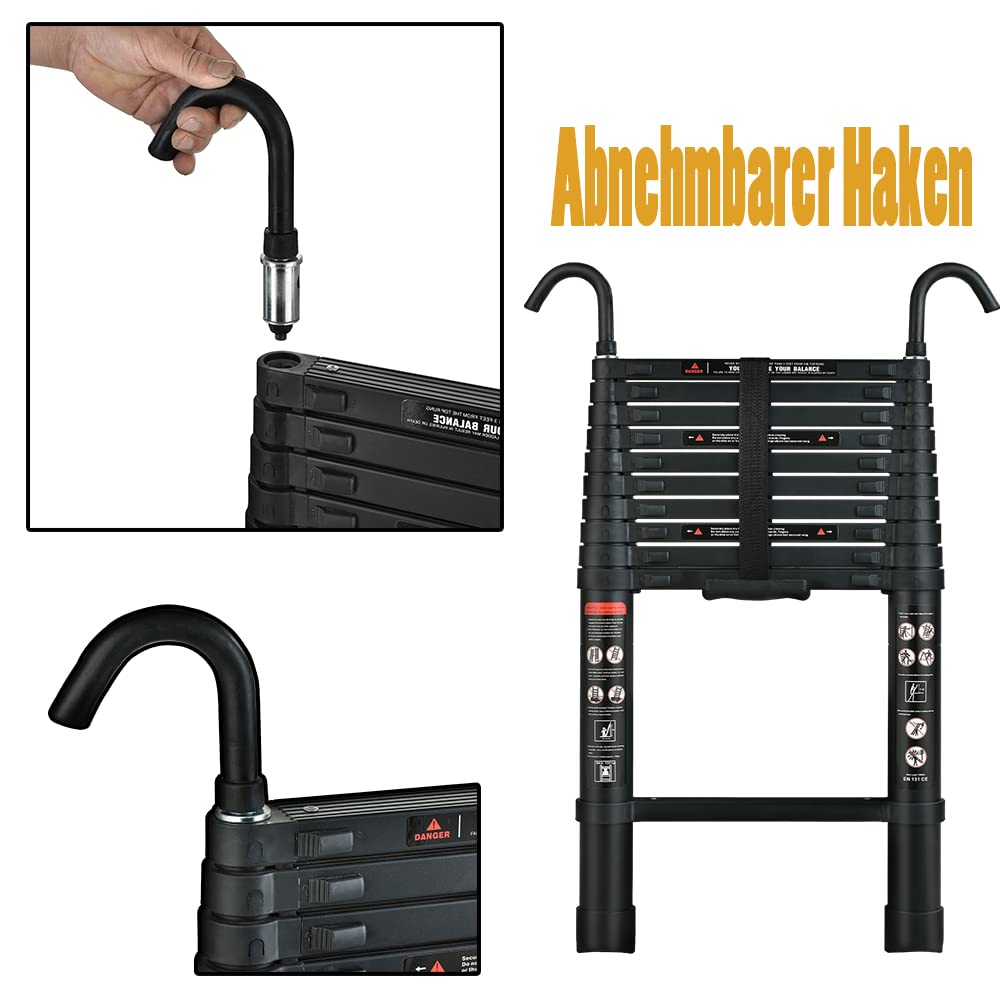 Faltbare 3,2 m Aluminium-Teleskopleiter mit Hakensicherheitsleiter, maximale Belastung 150 kg/330 lbs, zum Streichen von Wänden, Wechseln von Glühbirnen, Reinigen von Fenstern, Dachböden
