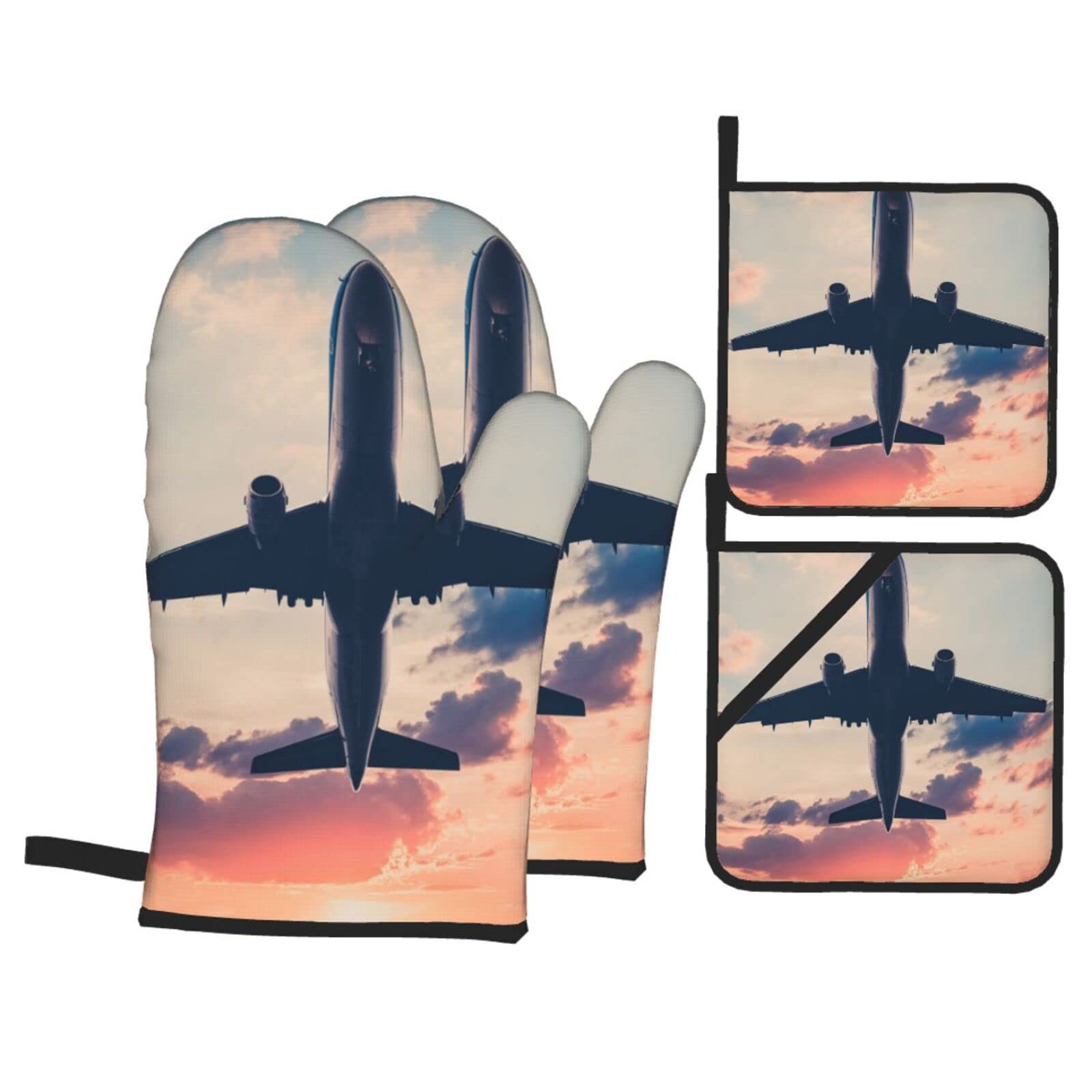 Airplane Sunset Sky Print Kitchen Baking Four Piece Set of Heat Resistant Thick Cotton Oven Mitts for Cooking, Baking and Grilling